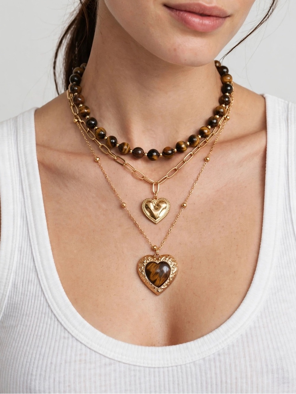 Tiger's Eye Heart Necklace Set of 3 / With Heart Pendant